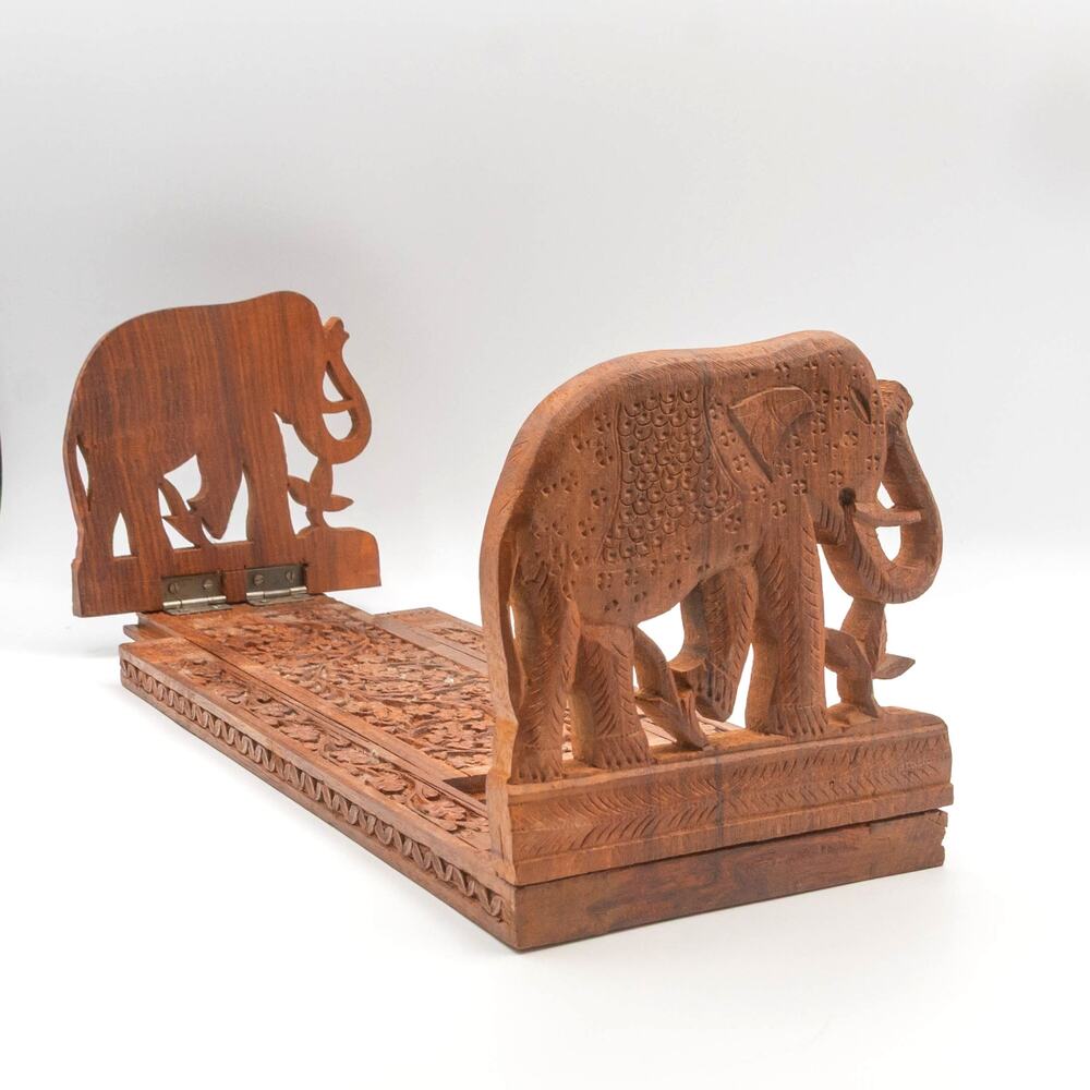 Vtg SARNA INDIA Hand Carved Sheesham Wood Elephant Expandable Sliding Bookends